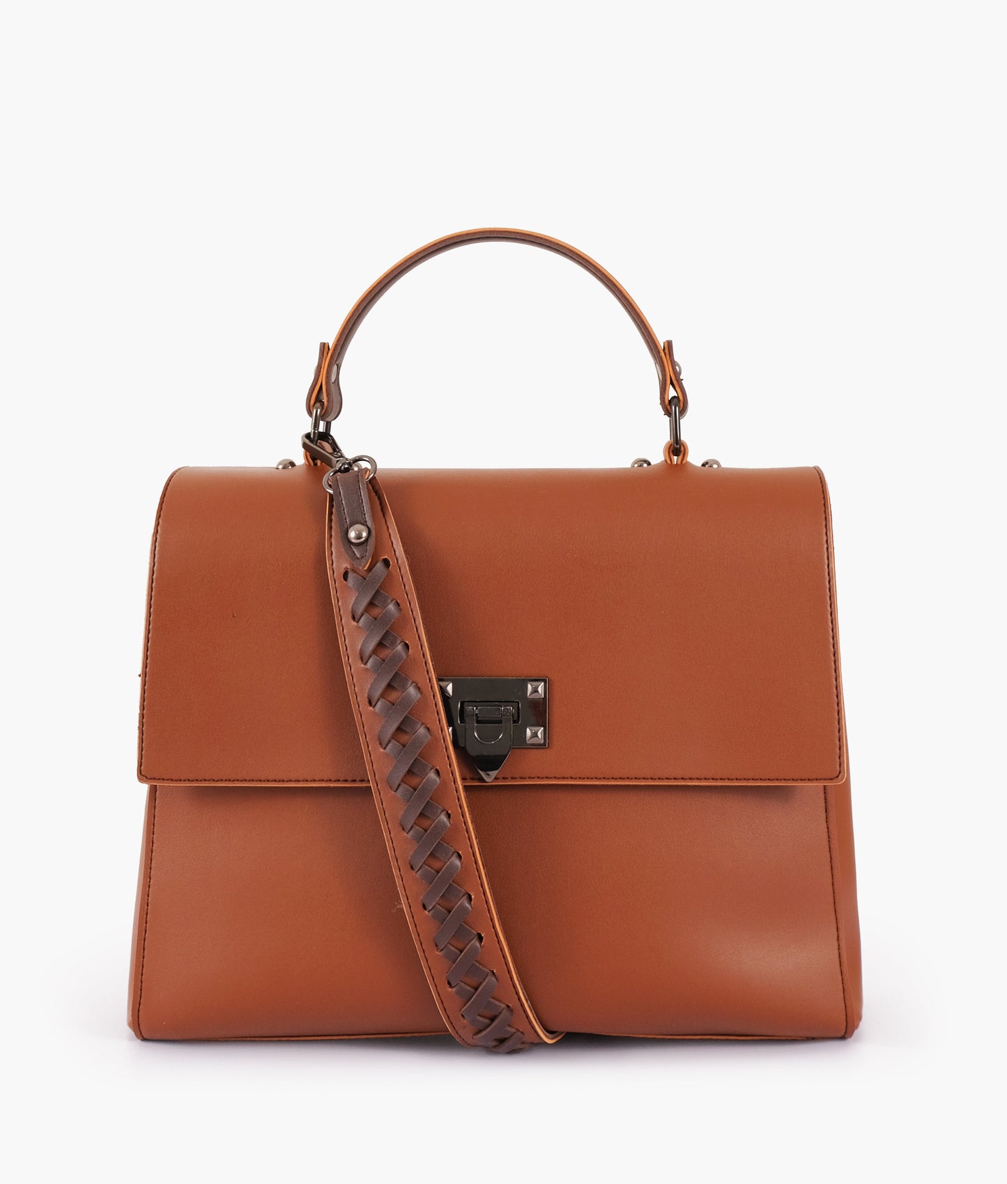 Brown flap-over top-handle bag